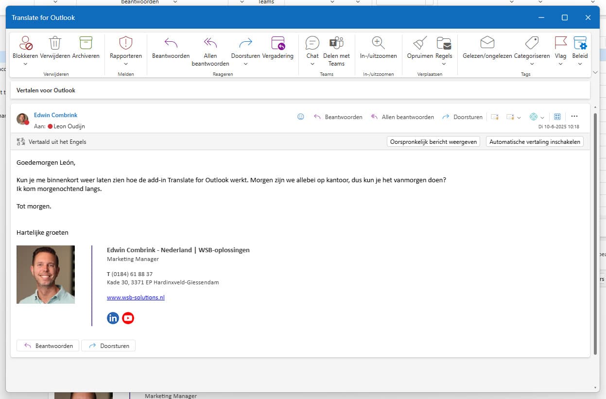 Vertalen voor Outlook - Vertaalde e-mail