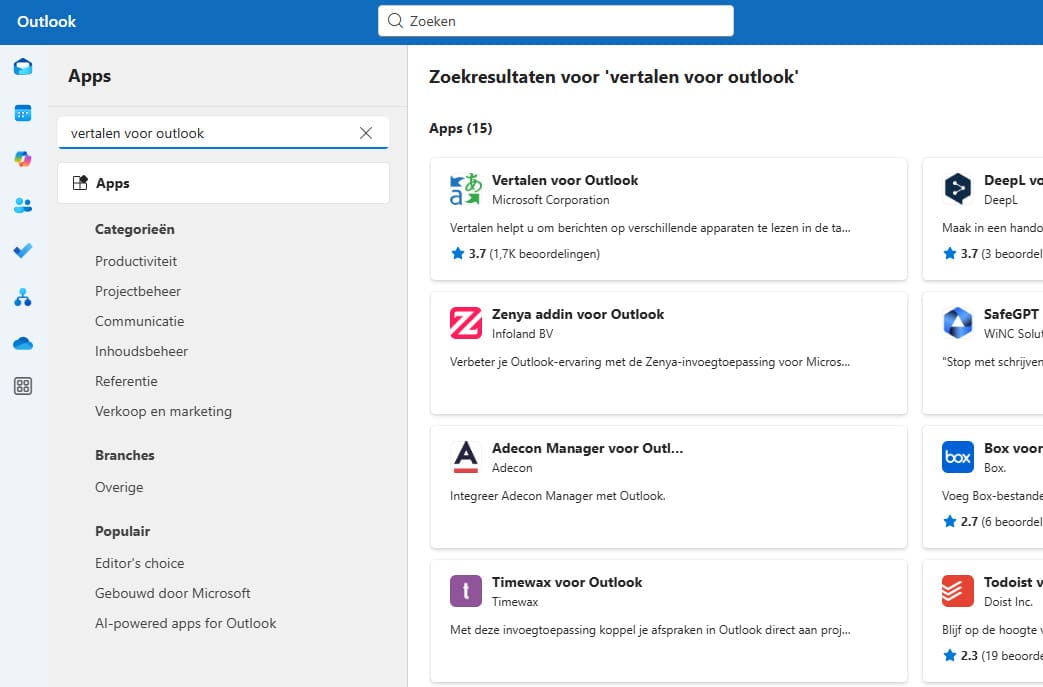 Vertalen voor Outlook - Zoeken naar app