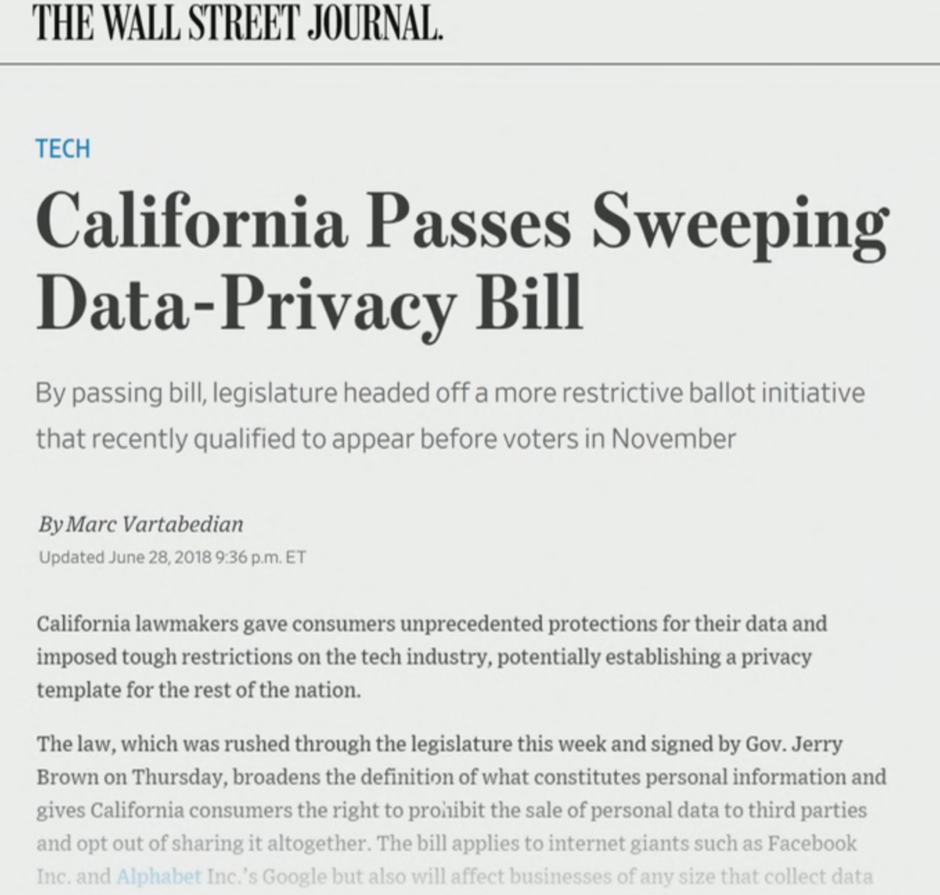 Wall Street Journal - California passes sweeping data privacy bill