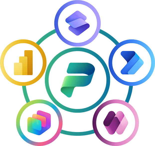 afbeelding van de 5 apps die in Power Platform zitten en hoe ze zich tot elkaar verhouden
