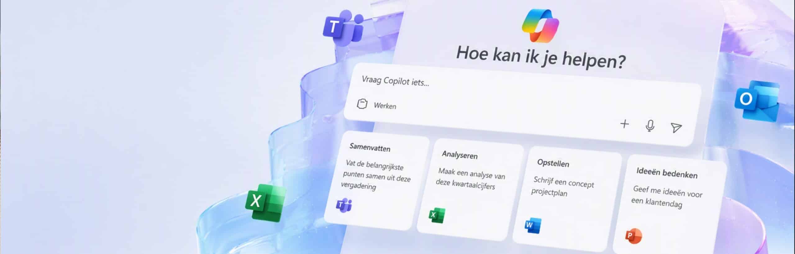 Afbeelding laat zien wat je met Microsoft Copilot kan doen met prompts in Word Excel PowerPoint en Outlook