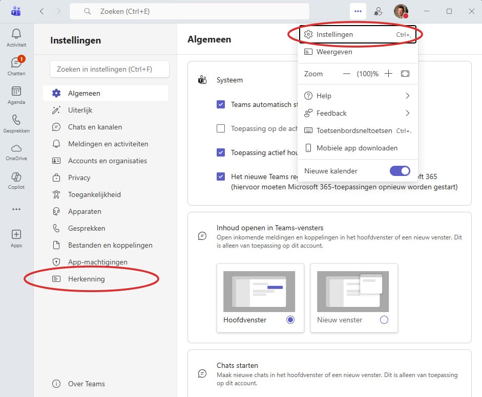Teams instellingen stemherkenning gezichtsherkenning