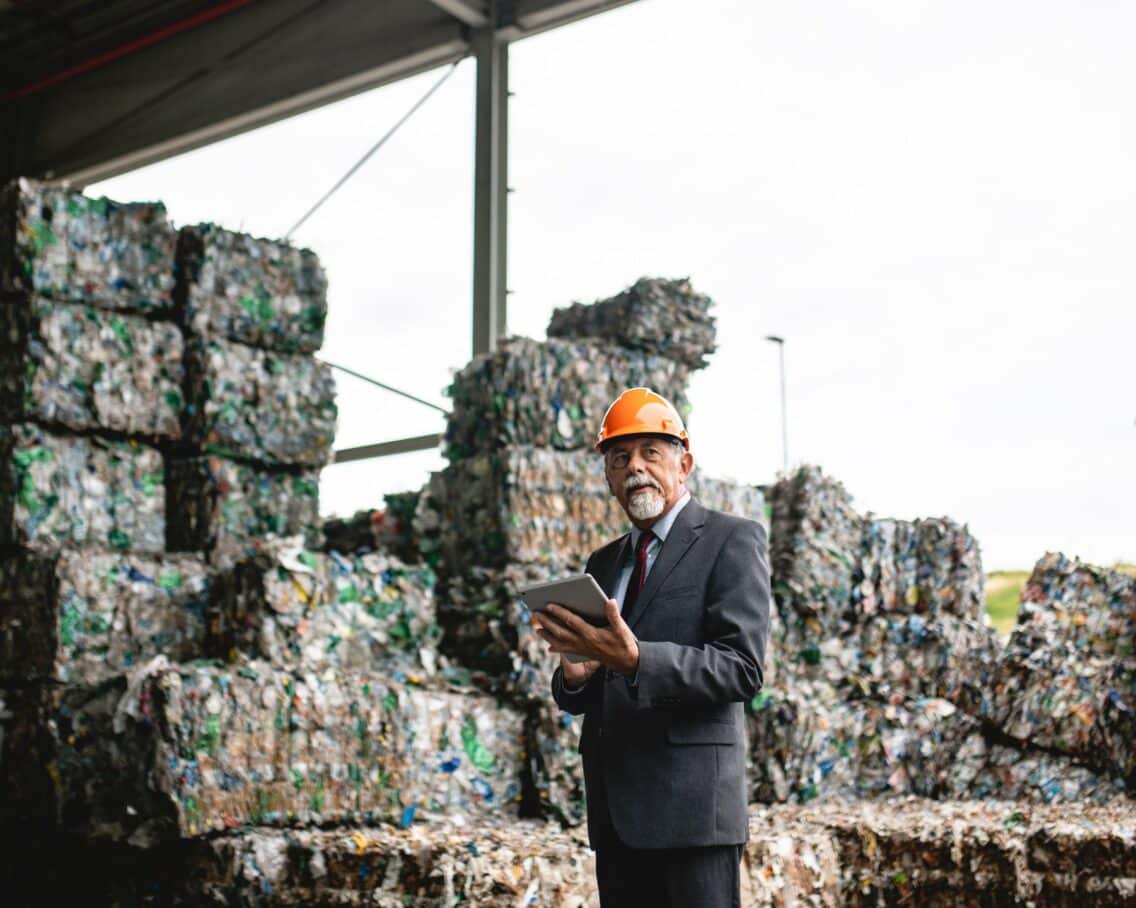 man met tablet bij afvalverwerkingsbedrijf