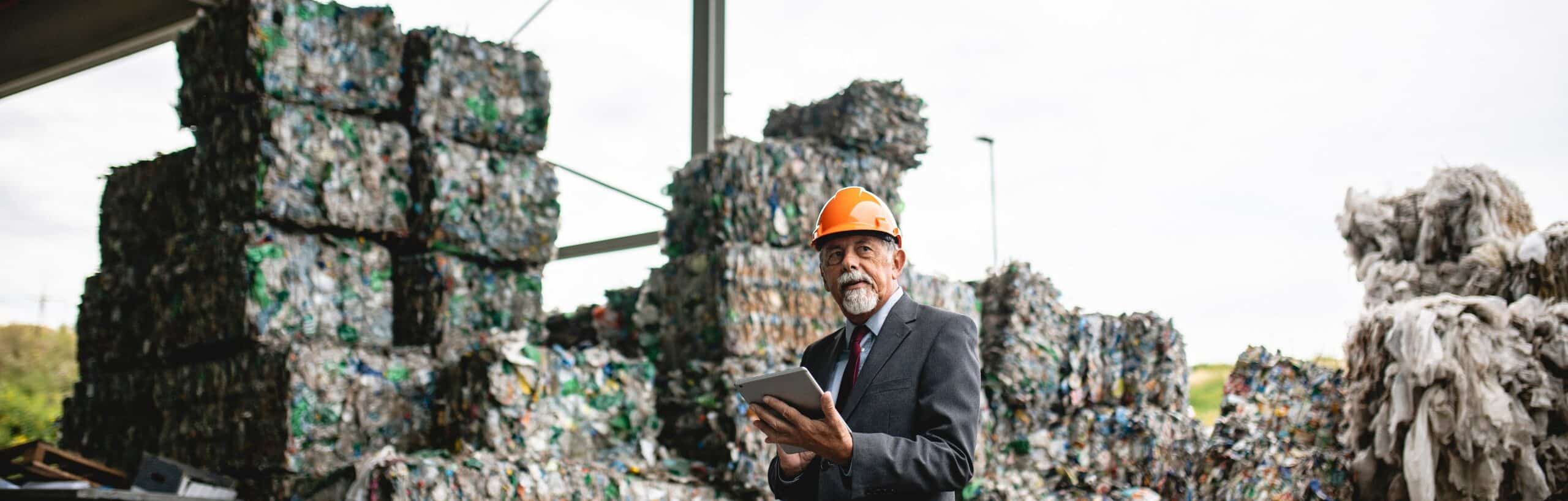 man met tablet bij afvalverwerkingsbedrijf